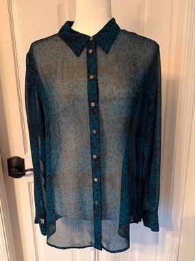 Chaus Teal and Black Leopard-Print Blouse-Size Medium